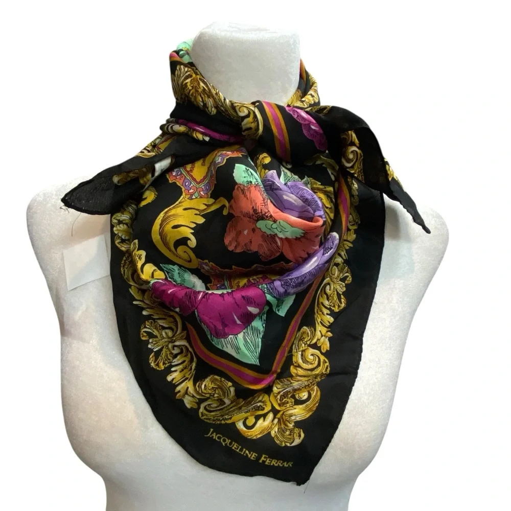 Jacqueline Ferrar Multi Color Bright Black Purple Floral square 100% Silk Scarf